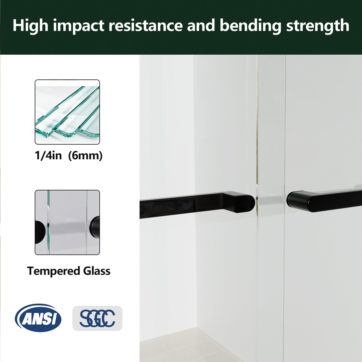 ALAULM Shower Door 44-48" W x 72" H Semi-Frameless Bypasss Bathroom Glass Shower Double Sliding Doors,1/4" (6mm) Clear SGCC Tempered Glass with Explosion-Proof Film, Black