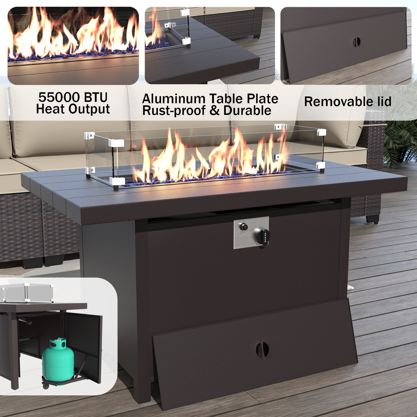 ALAULM 8 Pcs Patio Furniture Set withStainless Steel Gas Fire Pit Table, Brown/Blue