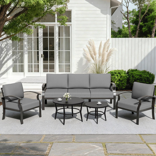 ALAULM 5-Seat Aluminum Patio Furniture Set, Outdoor Patio Conversation Set with 2 Round Metal Coffee Tables and 5.1" Cushions for Patio Backyard Poolside