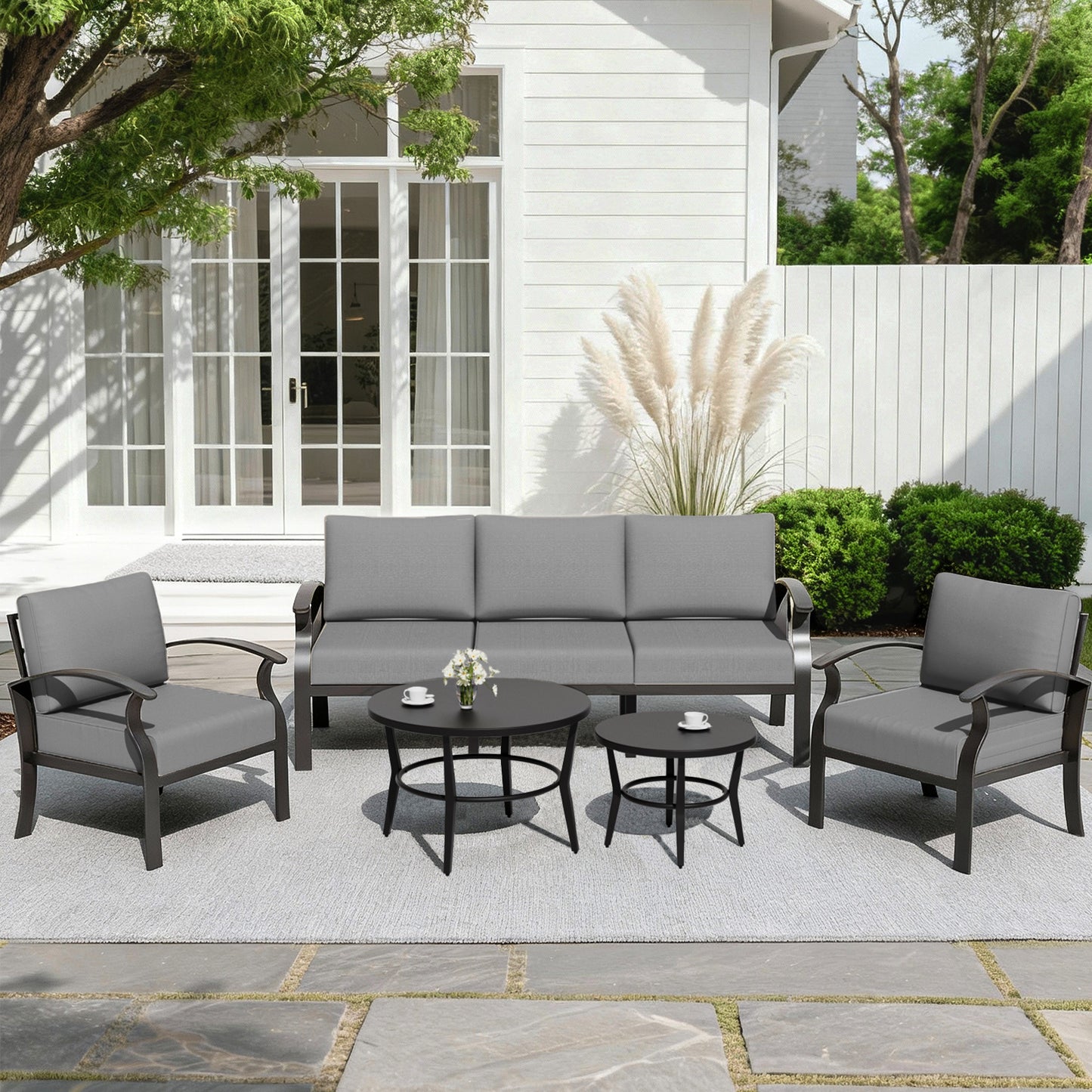 ALAULM 5-Seat Aluminum Patio Furniture Set, Outdoor Patio Conversation Set with 2 Round Metal Coffee Tables and 5.1" Cushions for Patio Backyard Poolside