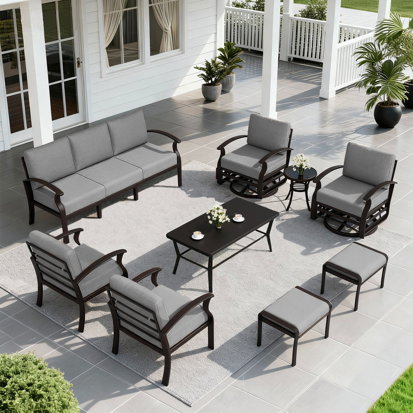 ALAULM 9-Seat Aluminum Patio Furniture Set, Outdoor Patio Conversation Set with Rectangular Metal Coffee Tables and 5.1" Cushions for Patio Backyard Poolside