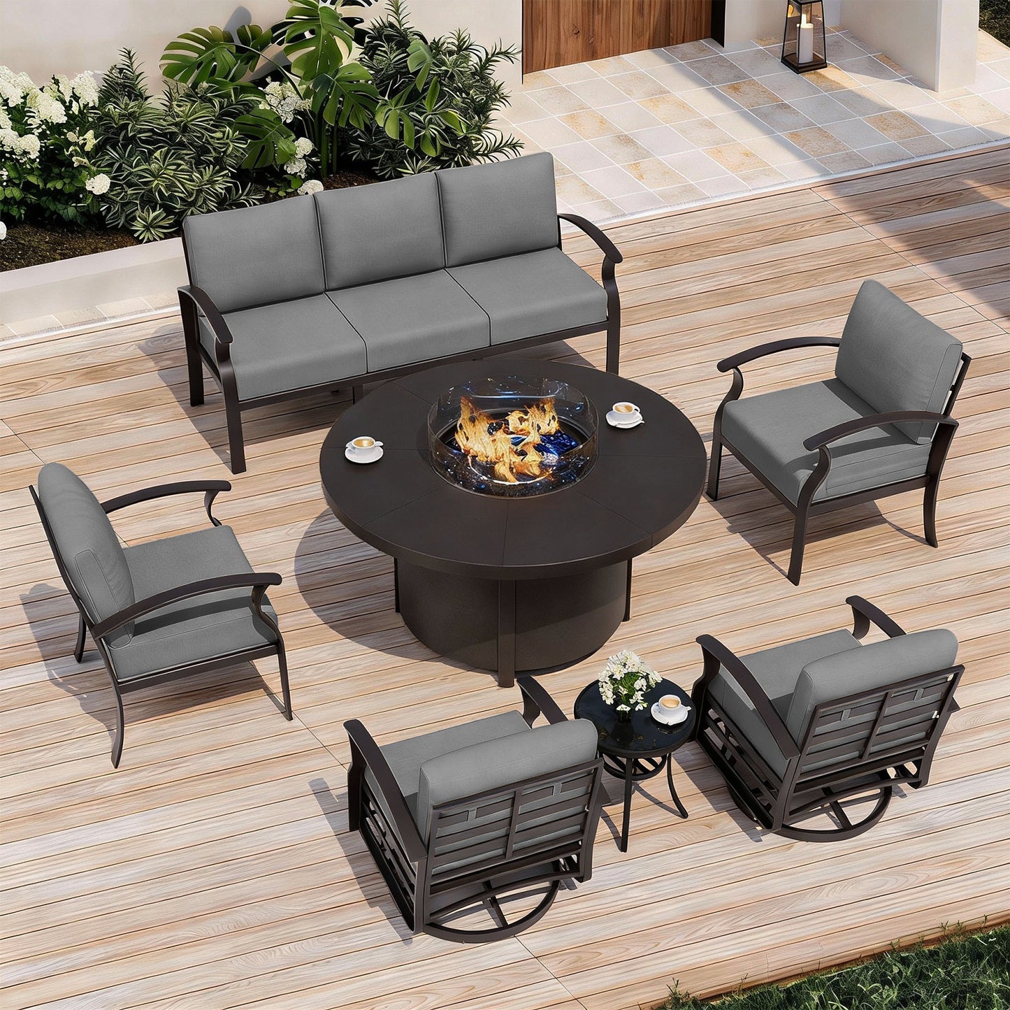 ALAULM Aluminium Patio Furniture Set with Swivel Chairs, 7-Seater Metal Outdoor Furniture Patio Sectional Sofas Patio Conversation Set with 2 swivel chairs For Patio, Backyard, Poolside