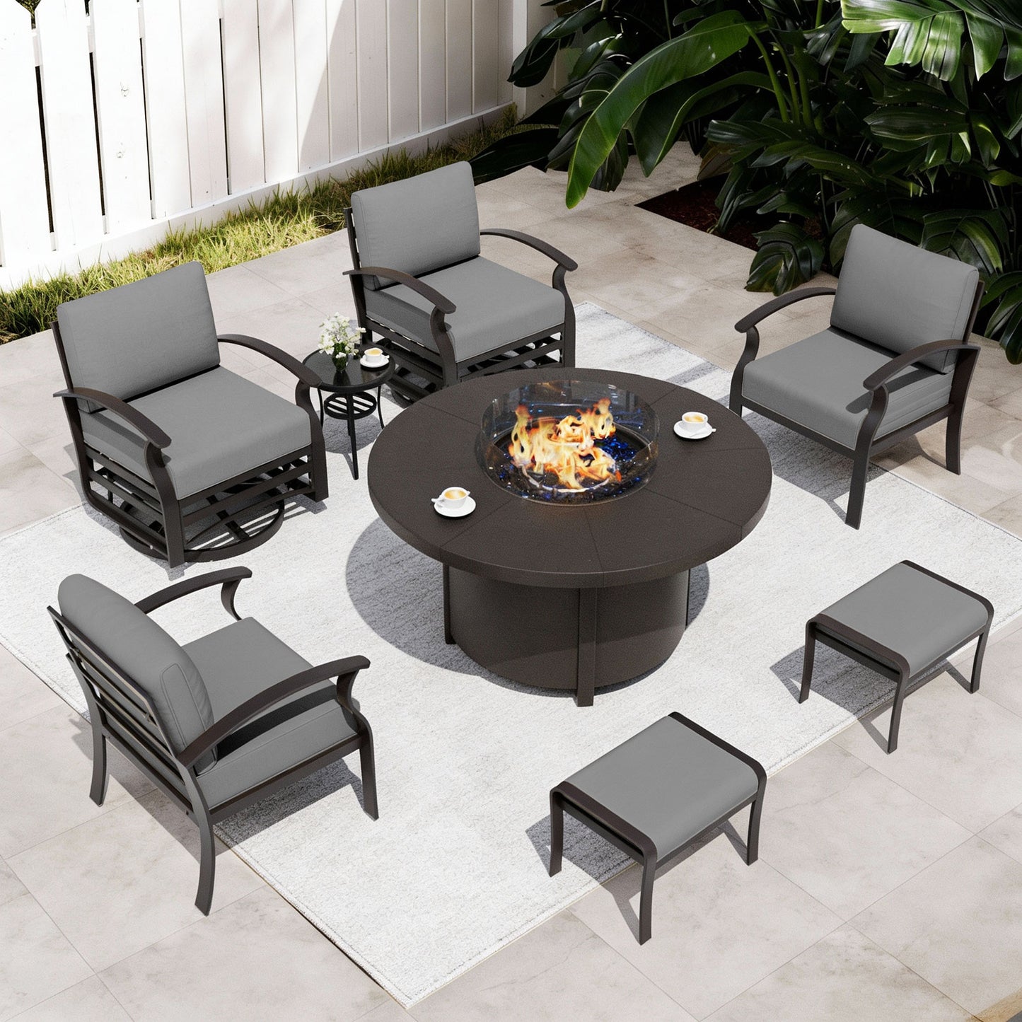 ALAULM Aluminium Patio Furniture Set with Swivel Chairs, 6-Seater Metal Outdoor Furniture Patio Sectional Sofas Patio Conversation Set with 2 Ottomans For Patio, Backyard, Poolside