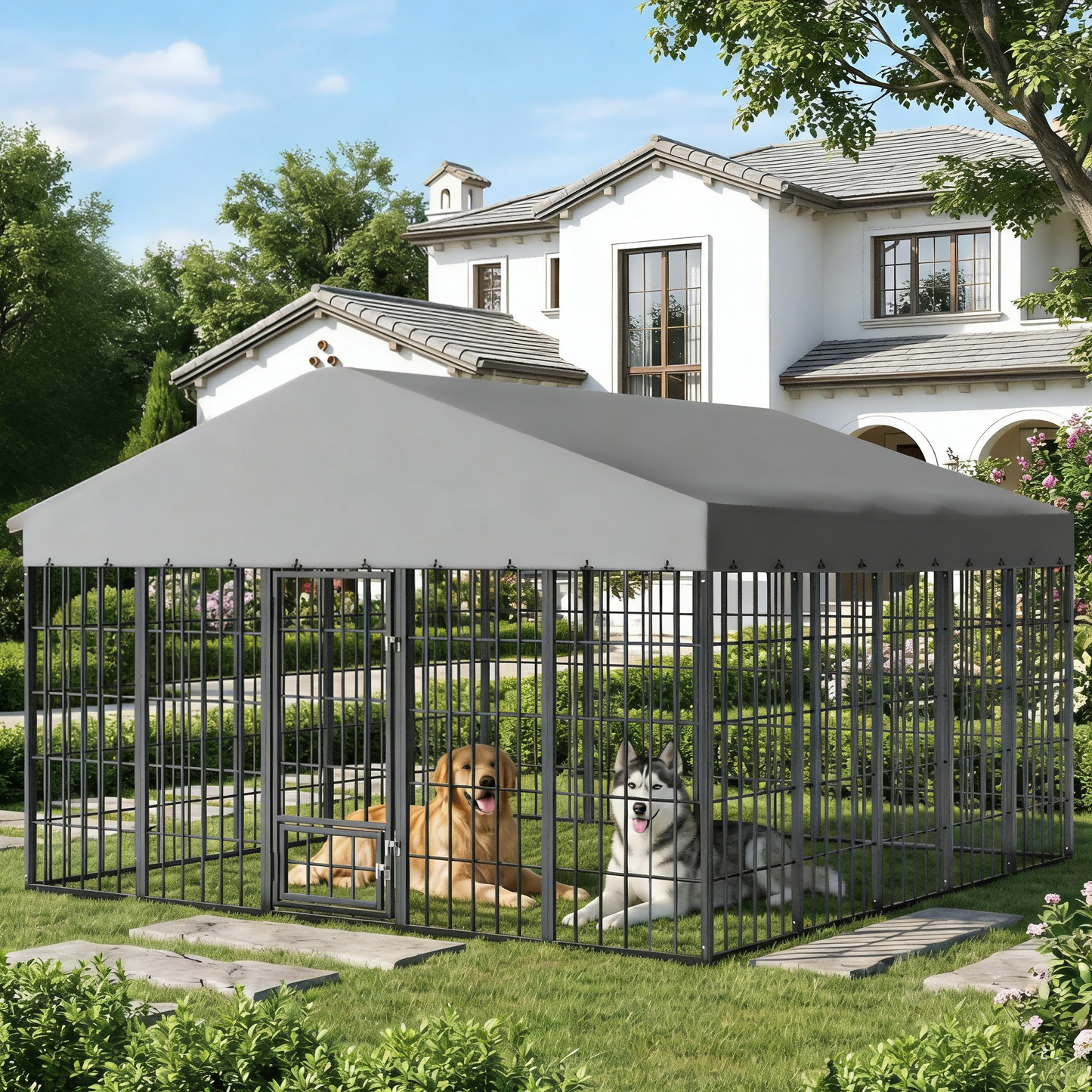ALAULM Large Outdoor Dog Kennel,10x10FT Heavy-Duty Modular Dog Cage with Roof Dog Pens Outside with Double Doors & Weatherproof Cover Dog Enclosure for Patio,Garden