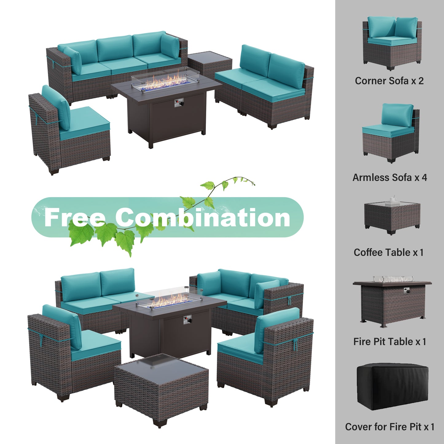 ALAULM 8 Pcs Patio Furniture Set withStainless Steel Gas Fire Pit Table, Brown/Blue