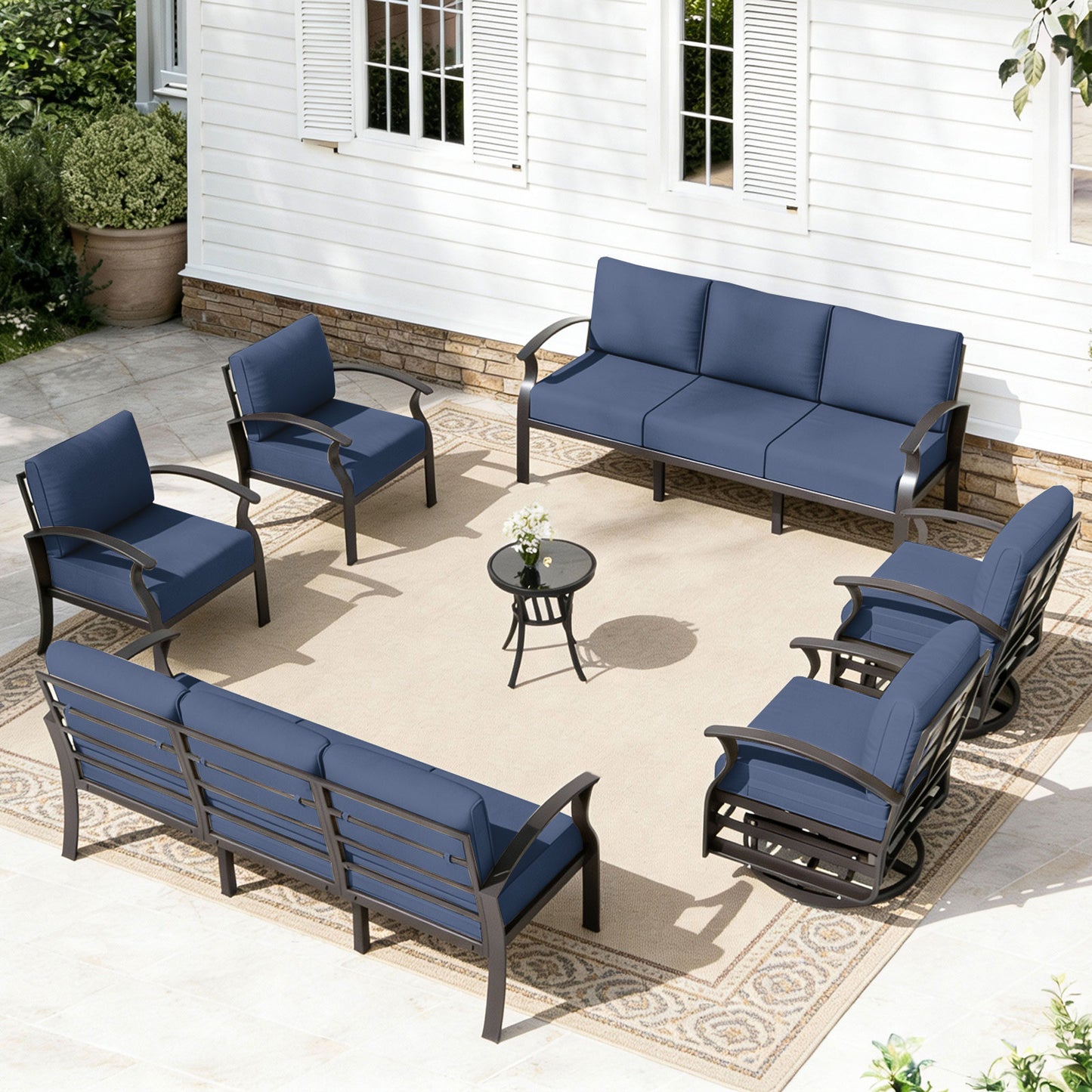 ALAULM 10-Seat Aluminum Patio Furniture Set, Outdoor Patio Conversation Set with 2 Swivel Glider Chairs and 5.1" Cushions for Patio Backyard Poolside