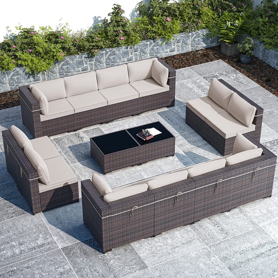 Gotland Outdoor Patio Furniture Set 14 Pieces Sectional Rattan Sofa Set PE Rattan Wicker Patio Conversation Set with Seat Cushions and Tempered Glass Table