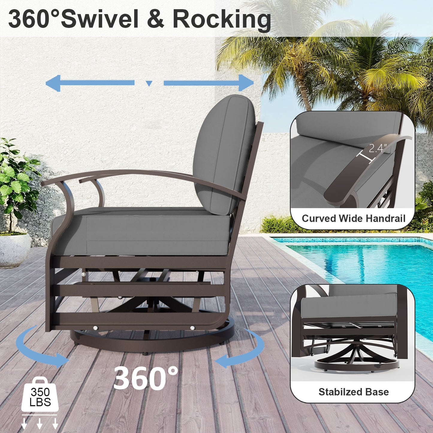ALAULM Aluminum Outdoor Single Swivel Chair Set with 5.1" High-Resilience Seat Cushions, Removable Cushions for Backyard, Lawn, Porch