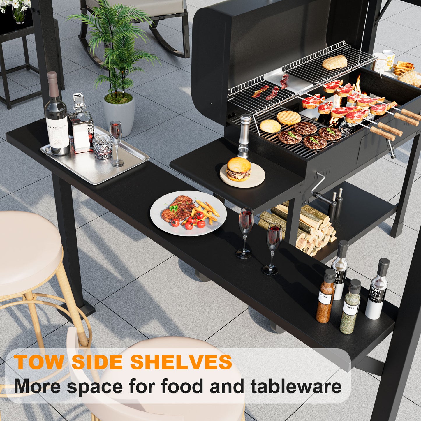 ALAULM 8'x 5' Hardtop Grill Gazebo, Outdoor BBQ Metal Roof Canopy with 2 Metal Side Shelves & 5 Tool Hooks for Patio, Garden, Backyard, Poolside (Black)