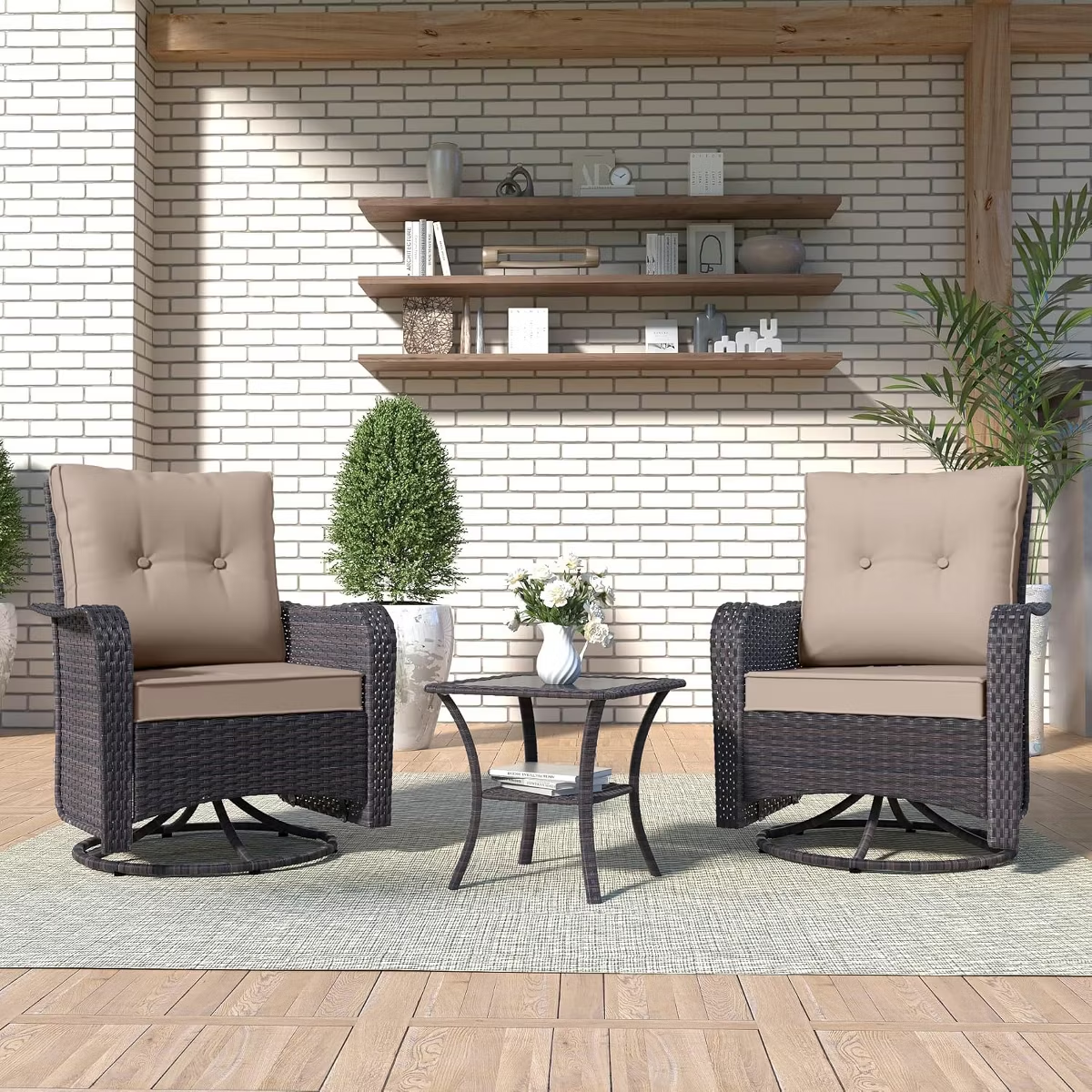 Kullavik 3PCS Wicker Rocking Chair Swivel Chairs, Patio Furniture Set Rattan Rocking Bistro Sets with Coffee Table for Outdoor Porch Deck Garden Backyard,Sand