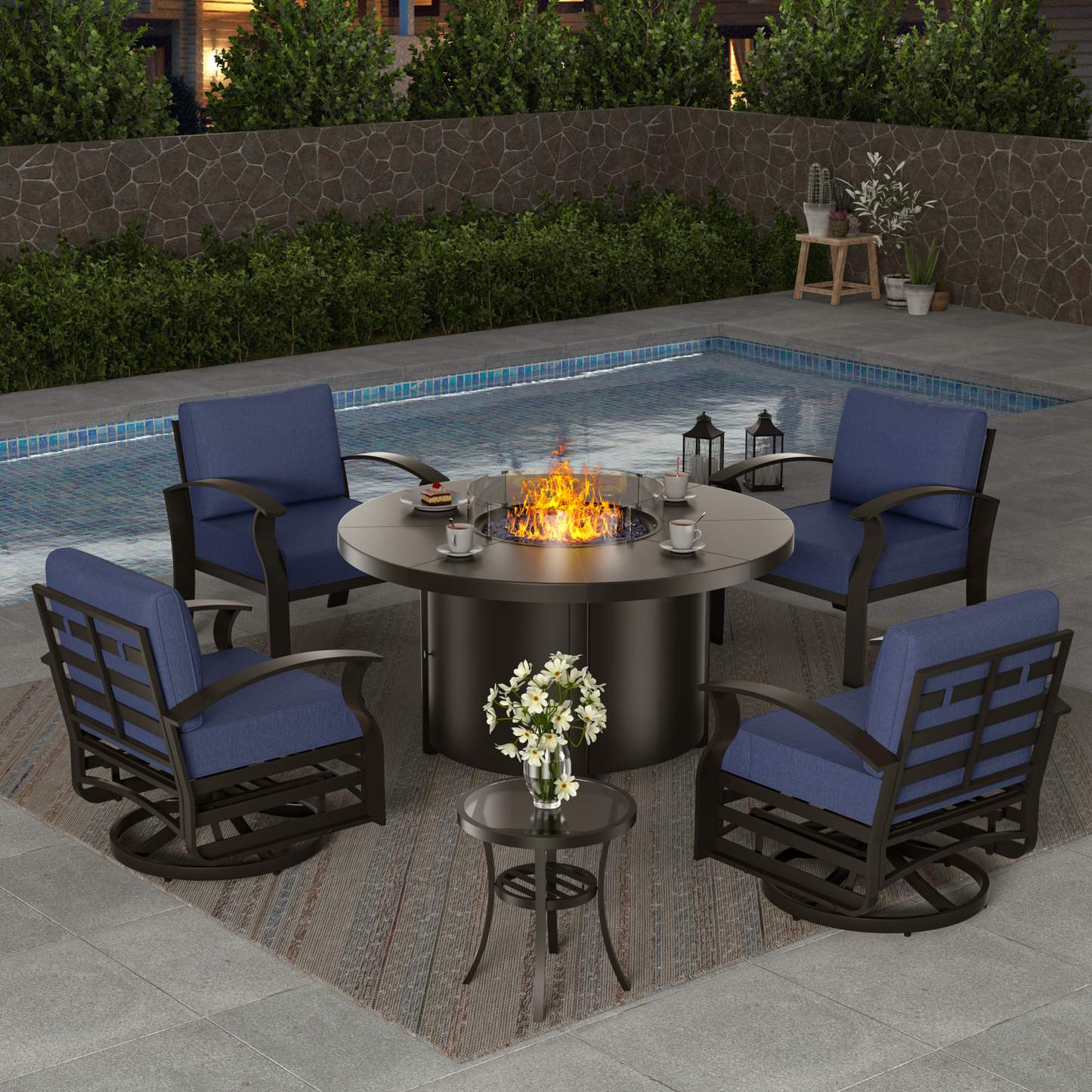 ALAULM 4-Seat Aluminum Patio Furniture Set, Outdoor Patio Conversation Set with Round Fire Pit Table and 5.1" Cushions for Patio Backyard Poolside