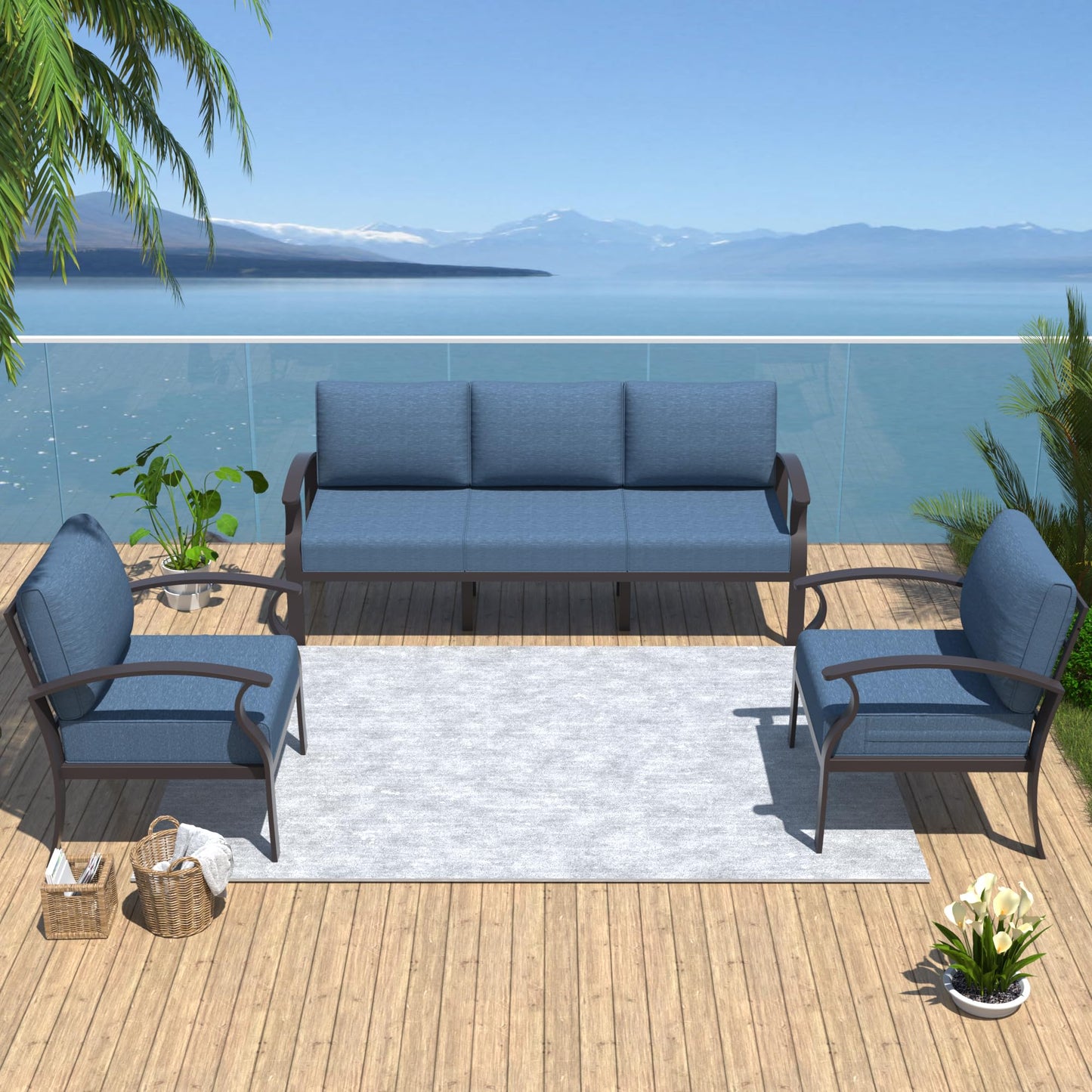 ALAULM Aluminum 5 Pieces Patio Furniture Set, 1 Three-Seater Sofa & 2 Single Sofas with 5.1" High-Resilience Cushions for Patio Backyard Poolside