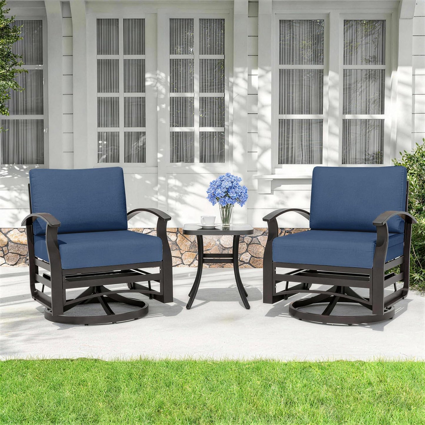 ALAULM 3 Pieces Patio Furniture Set, 2 Aluminum Outdoor Swivel Rocking Chairs with 5.1" Padded Removable Cushions & 1 Tempered Glass Coffee Table for Backyard Lawn Porch