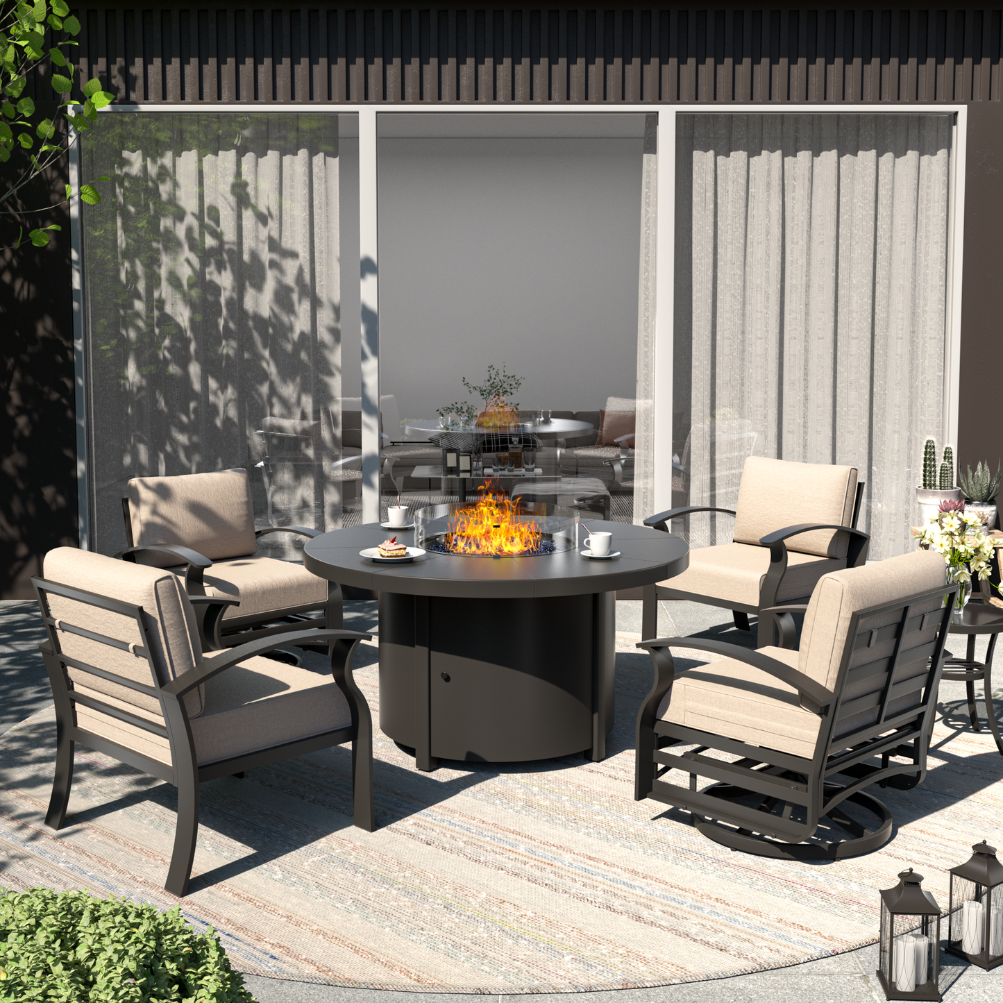 ALAULM 4-Seat Aluminum Patio Furniture Set, Outdoor Patio Conversation Set with Round Fire Pit Table and 5.1" Cushions for Patio Backyard Poolside