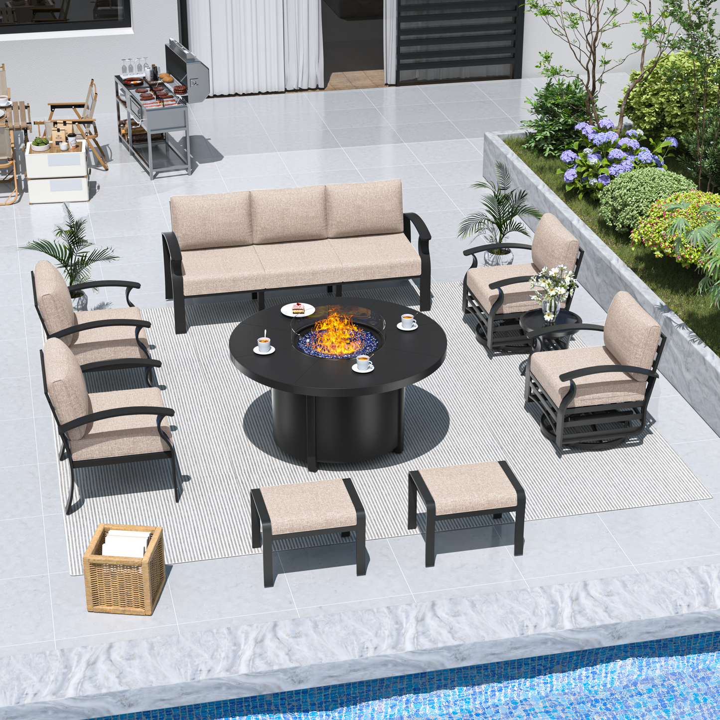 ALAULM Aluminium Patio Furniture Set with Swivel Chairs, 9-Seater Metal Outdoor Furniture Patio Sectional Sofas Patio Conversation Set with 2 swivel chairs For Patio, Backyard, Poolside