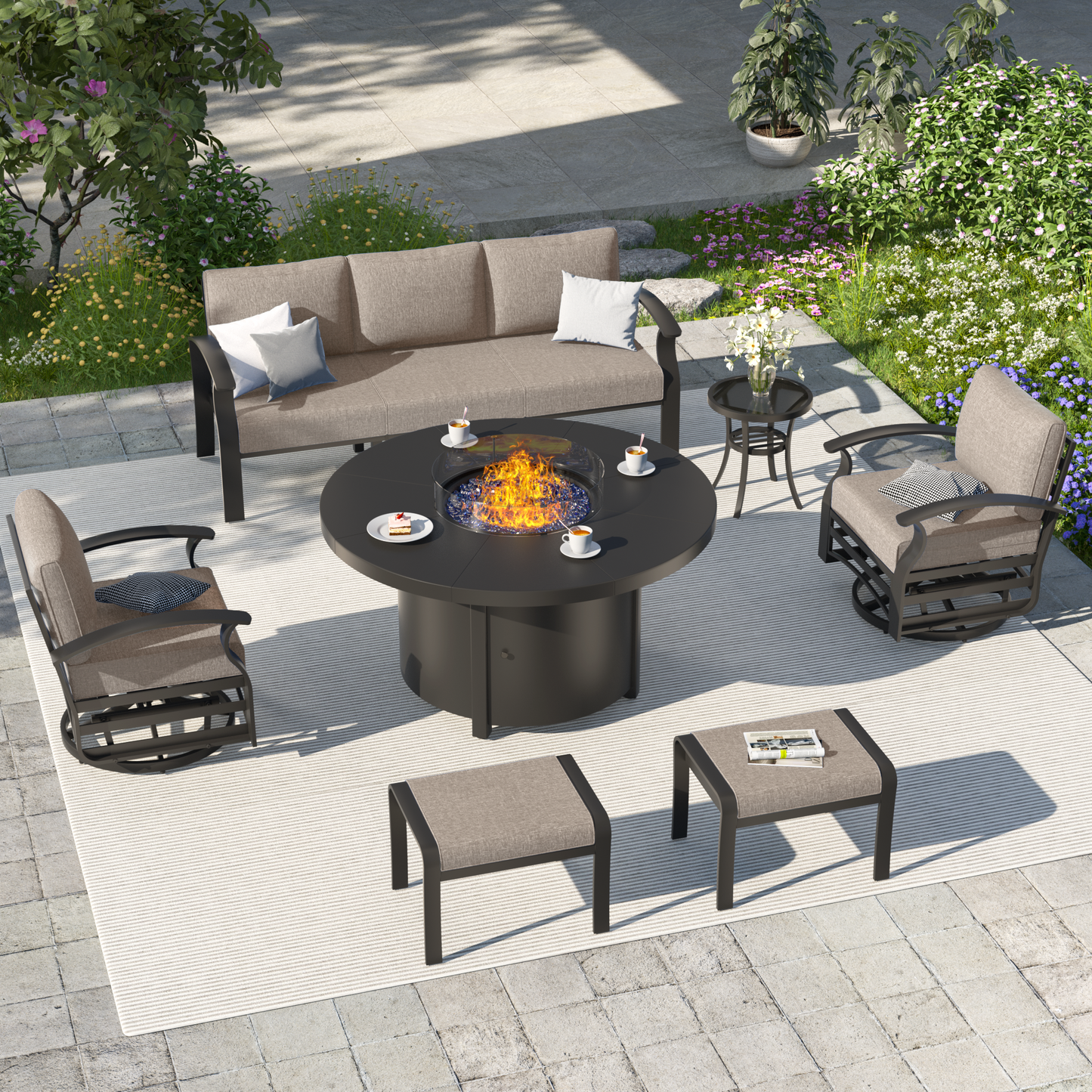 ALAULM Aluminium Patio Furniture Set with Swivel Chairs, 7-Seater Metal Outdoor Furniture Patio Sectional Sofas Patio Conversation Set with 2 Ottomans For Patio, Backyard, Poolside