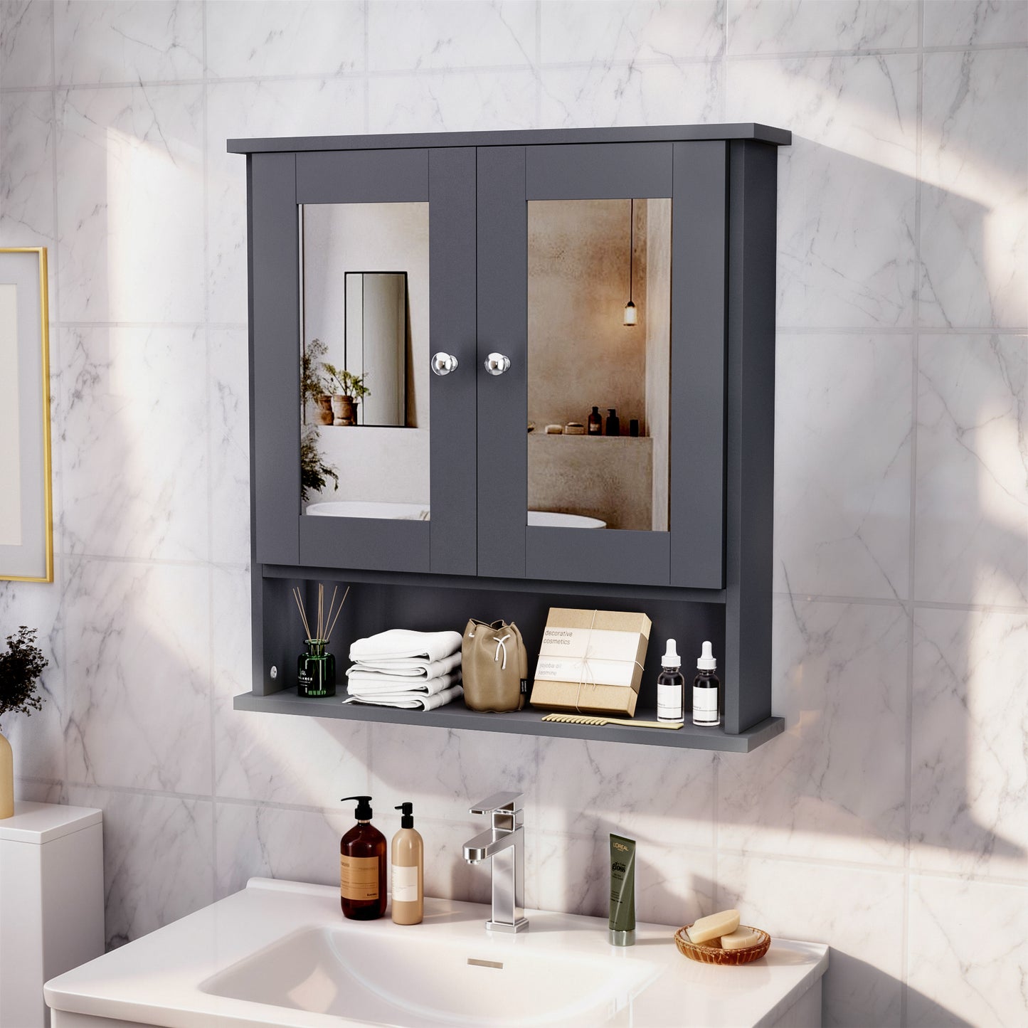 ASJMR Bathroom Wall Cabinet with Mirror, Bathroom Medicine Cabinet with 2 Doors , Wall-mounted Storage Cabinet with Adjustable Shelves (Suitable for Bathrooms, Laundry Rooms and Kitchens), Black
