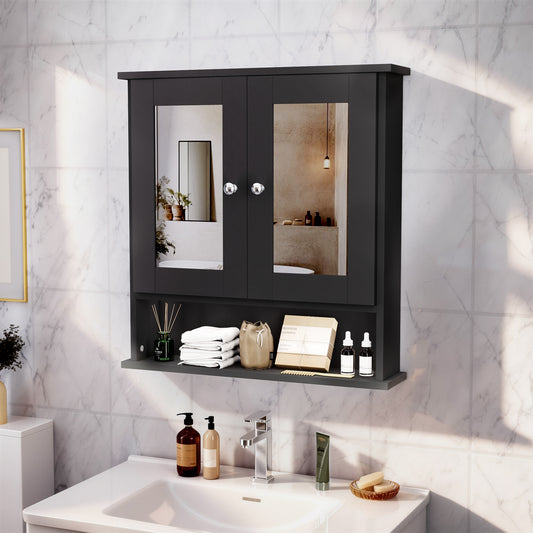 ASJMR Bathroom Wall Cabinet with Mirror, Bathroom Medicine Cabinet with 2 Doors , Wall-mounted Storage Cabinet with Adjustable Shelves (Suitable for Bathrooms, Laundry Rooms and Kitchens), Black