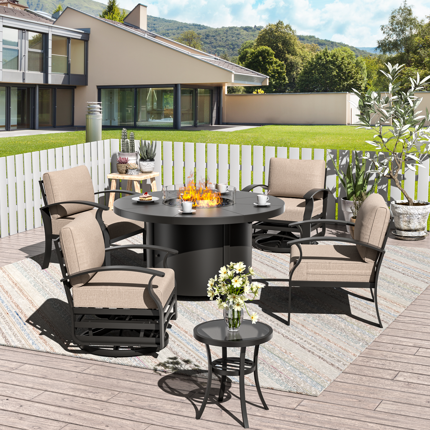 ALAULM 4-Seat Aluminum Patio Furniture Set, Outdoor Patio Conversation Set with Round Fire Pit Table and 5.1" Cushions for Patio Backyard Poolside