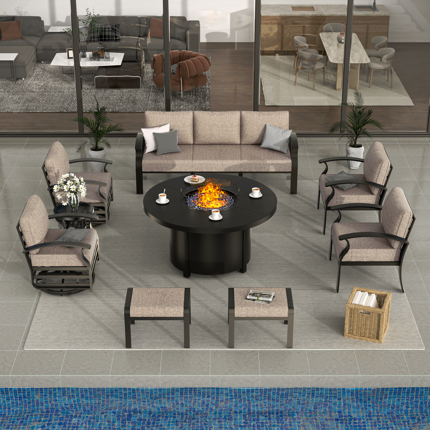 ALAULM Aluminium Patio Furniture Set with Swivel Chairs, 9-Seater Metal Outdoor Furniture Patio Sectional Sofas Patio Conversation Set with 2 swivel chairs For Patio, Backyard, Poolside