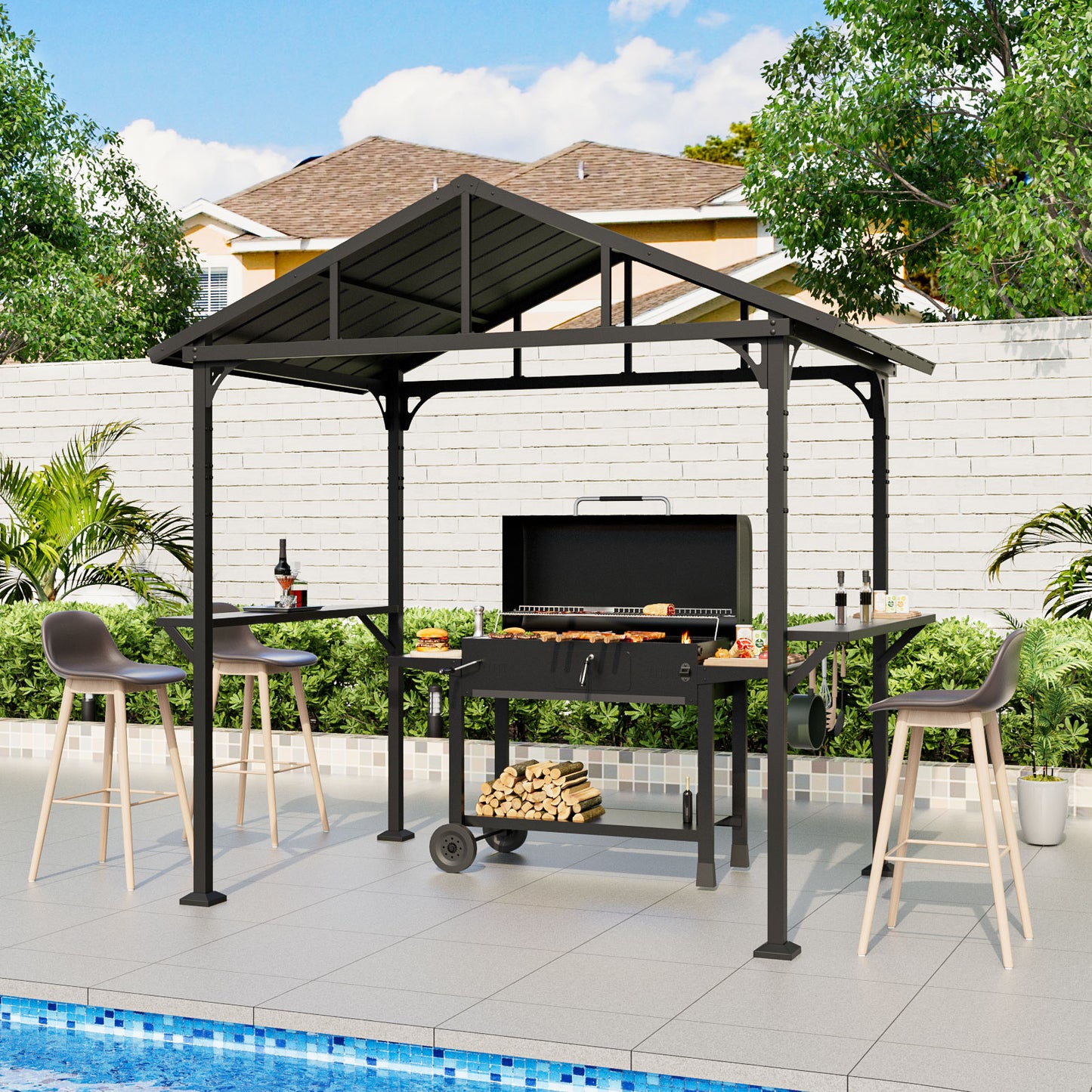 ALAULM 8'x 5' Hardtop Grill Gazebo, Outdoor BBQ Metal Roof Canopy with 2 Metal Side Shelves & 5 Tool Hooks for Patio, Garden, Backyard, Poolside (Black)