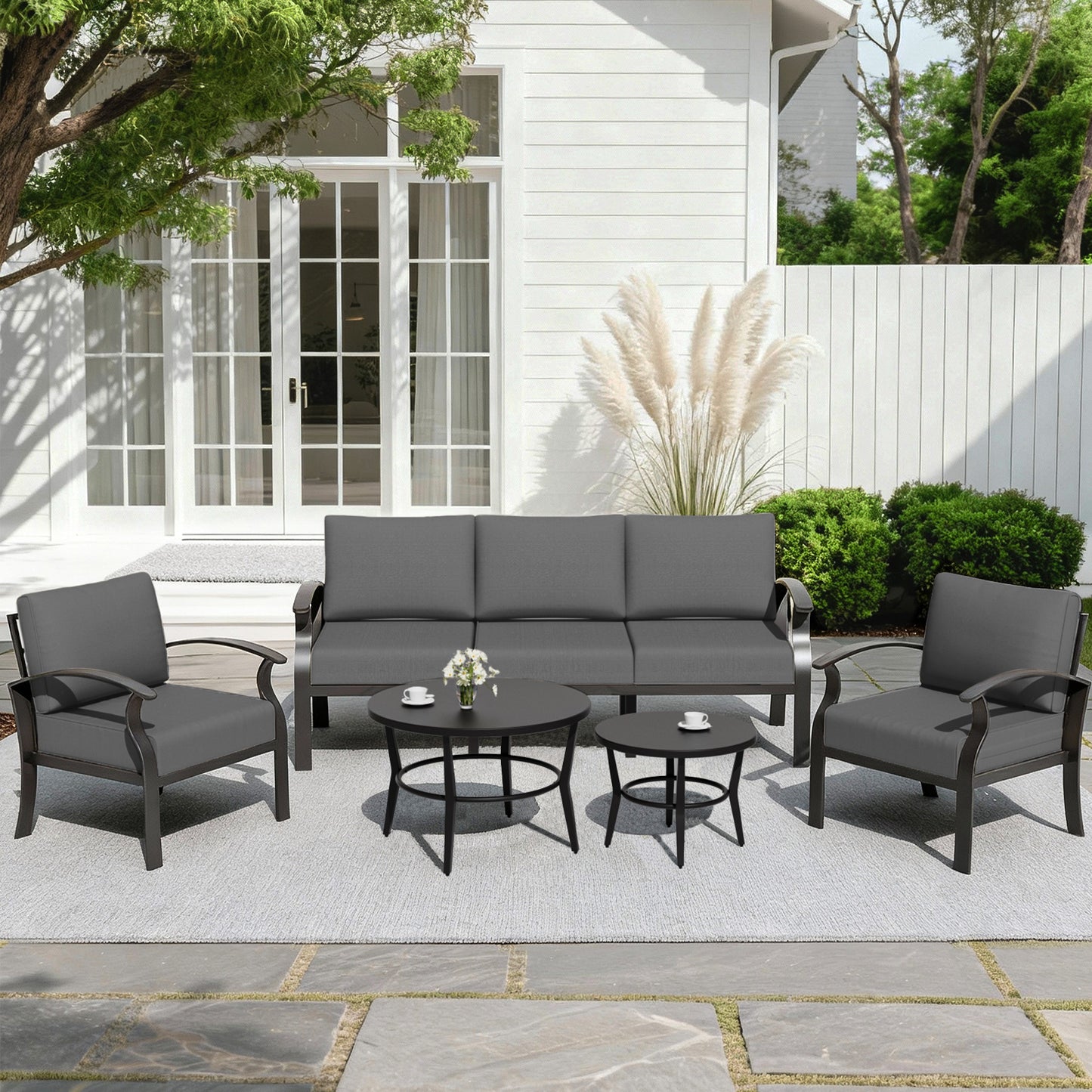 ALAULM 5-Seat Aluminum Patio Furniture Set, Outdoor Patio Conversation Set with 2 Round Metal Coffee Tables and 5.1" Cushions for Patio Backyard Poolside