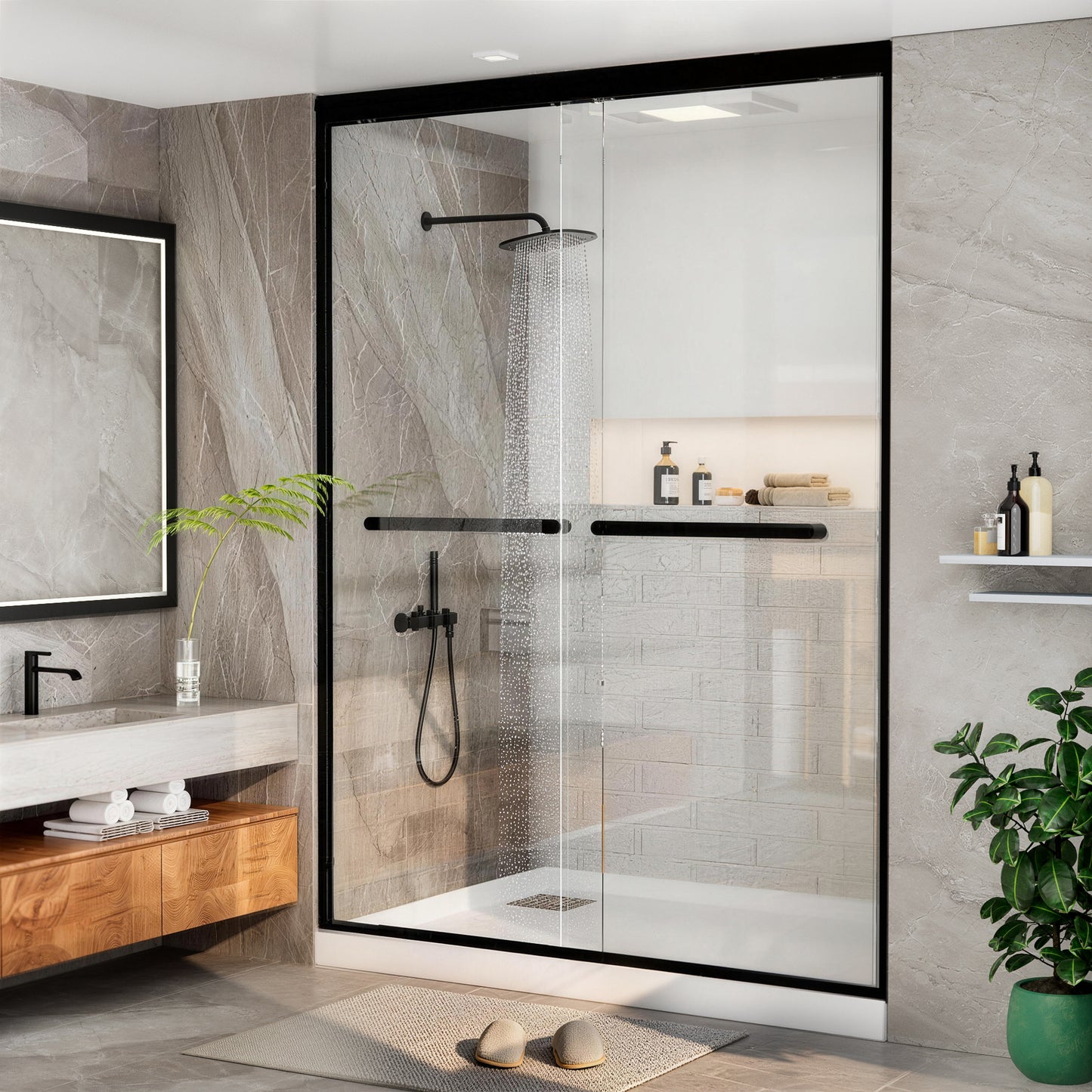 ALAULM Shower Door 44-48" W x 72" H Semi-Frameless Bypasss Bathroom Glass Shower Double Sliding Doors,1/4" (6mm) Clear SGCC Tempered Glass with Explosion-Proof Film, Black