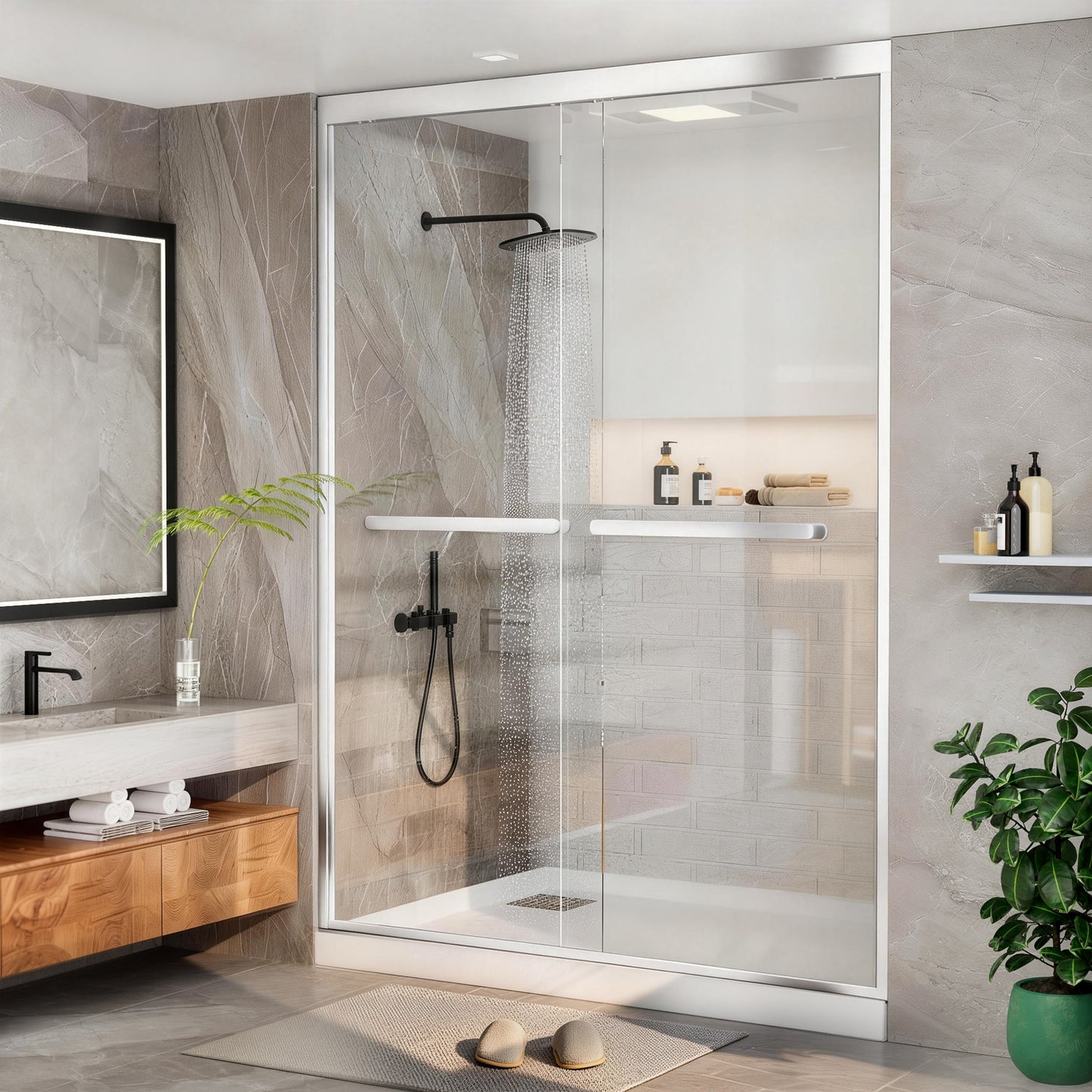 ALAULM Shower Door 44-48" W x 72" H Semi-Frameless Bypasss Bathroom Glass Shower Double Sliding Doors,1/4" (6mm) Clear SGCC Tempered Glass with Explosion-Proof Film, Black