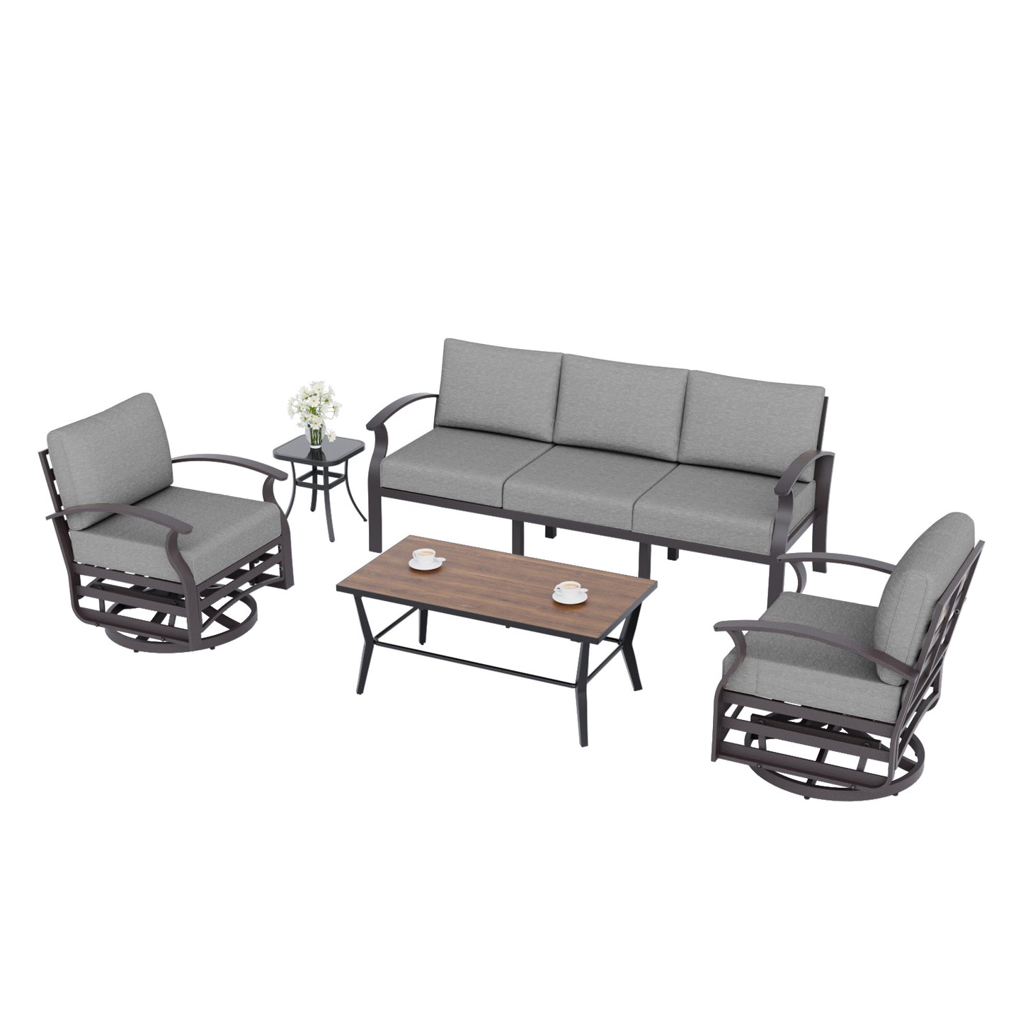 ALAULM Aluminum Patio Furniture Set with Coffee Table Rectangular, 5-seat Outdoor Sectional Furniture w/2 Swivel Chairs, Patio Conversation Set for Porch, Backyard, Poolside