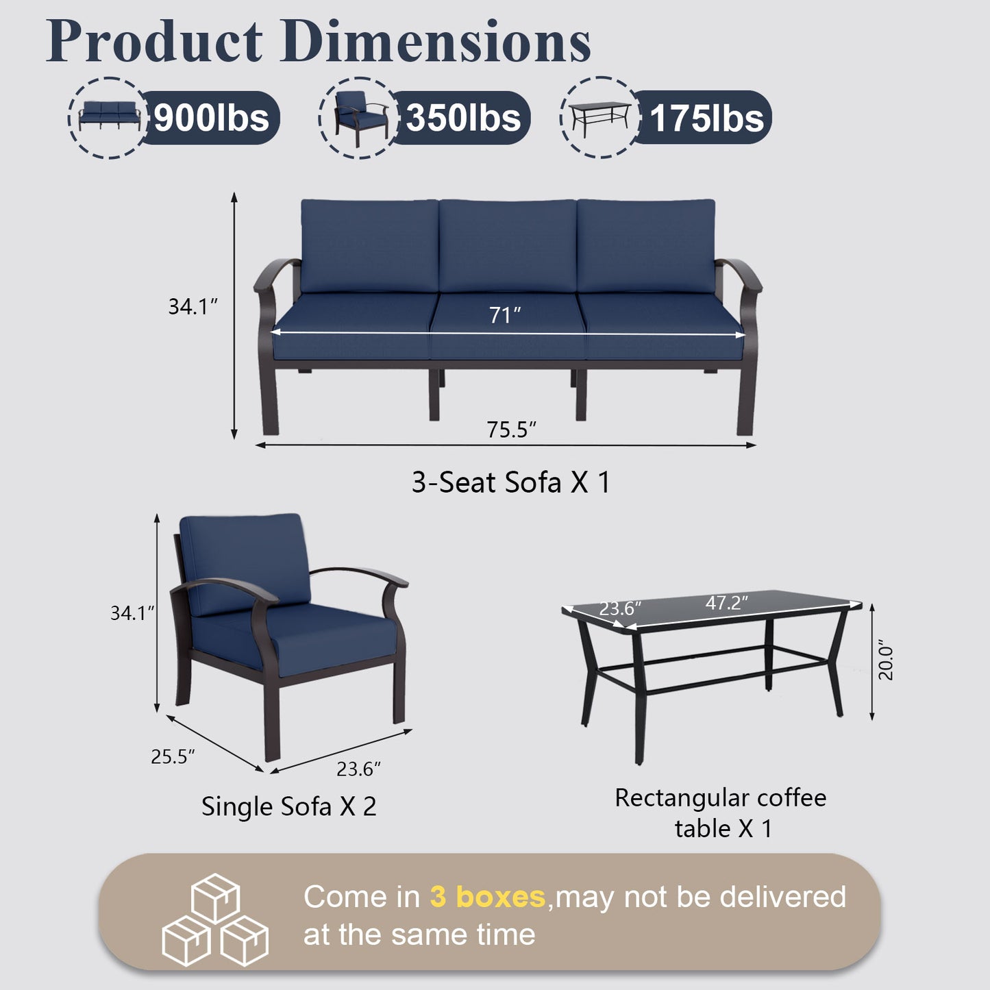 ALAULM 5-Seat Aluminum Patio Furniture Set, Outdoor Patio Conversation Set with Rectangular Metal Coffee Table and 5.1" Cushions for Patio Backyard Poolside，Sand