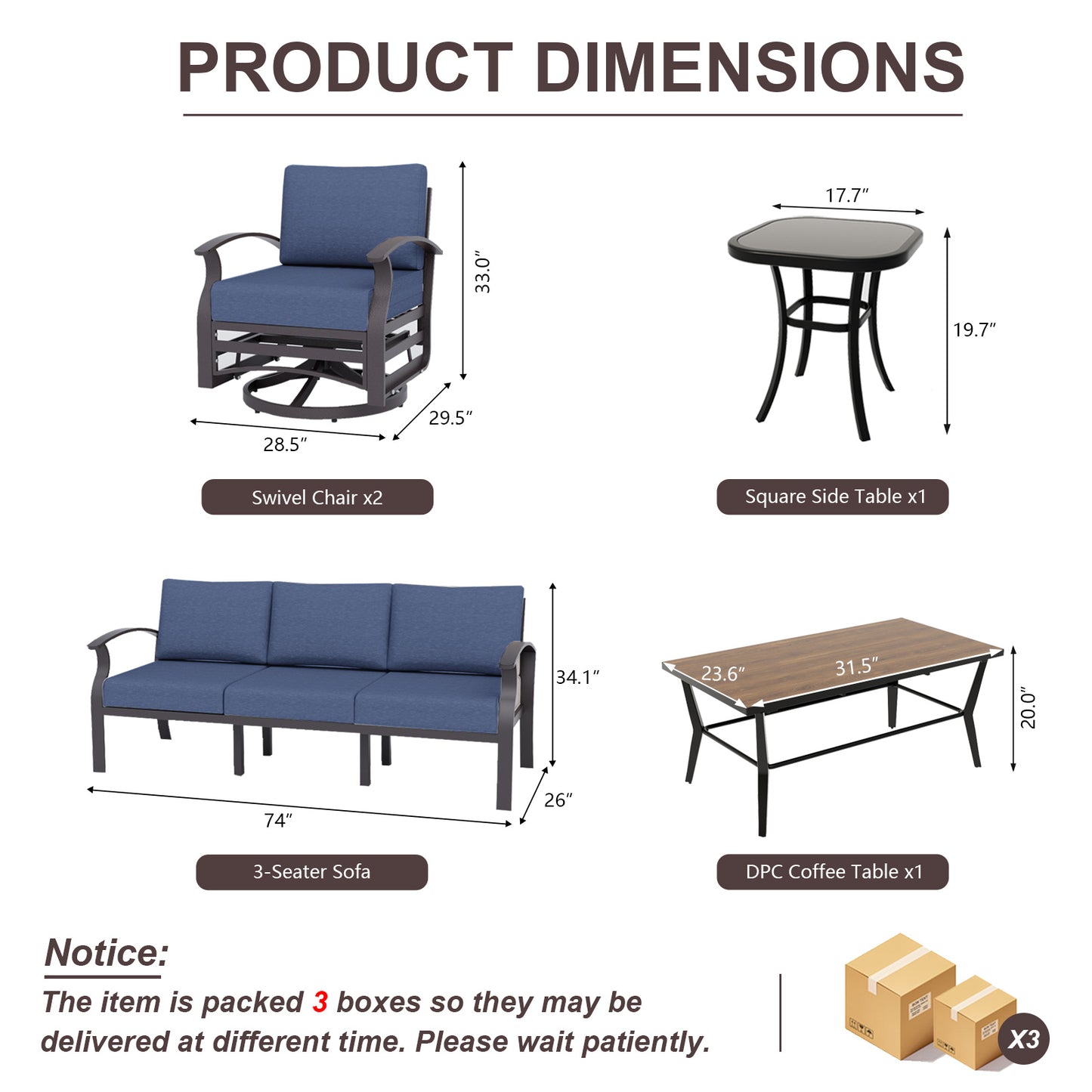 ALAULM Aluminum Patio Furniture Set with Coffee Table Rectangular, 5-seat Outdoor Sectional Furniture w/2 Swivel Chairs, Patio Conversation Set for Porch, Backyard, Poolside