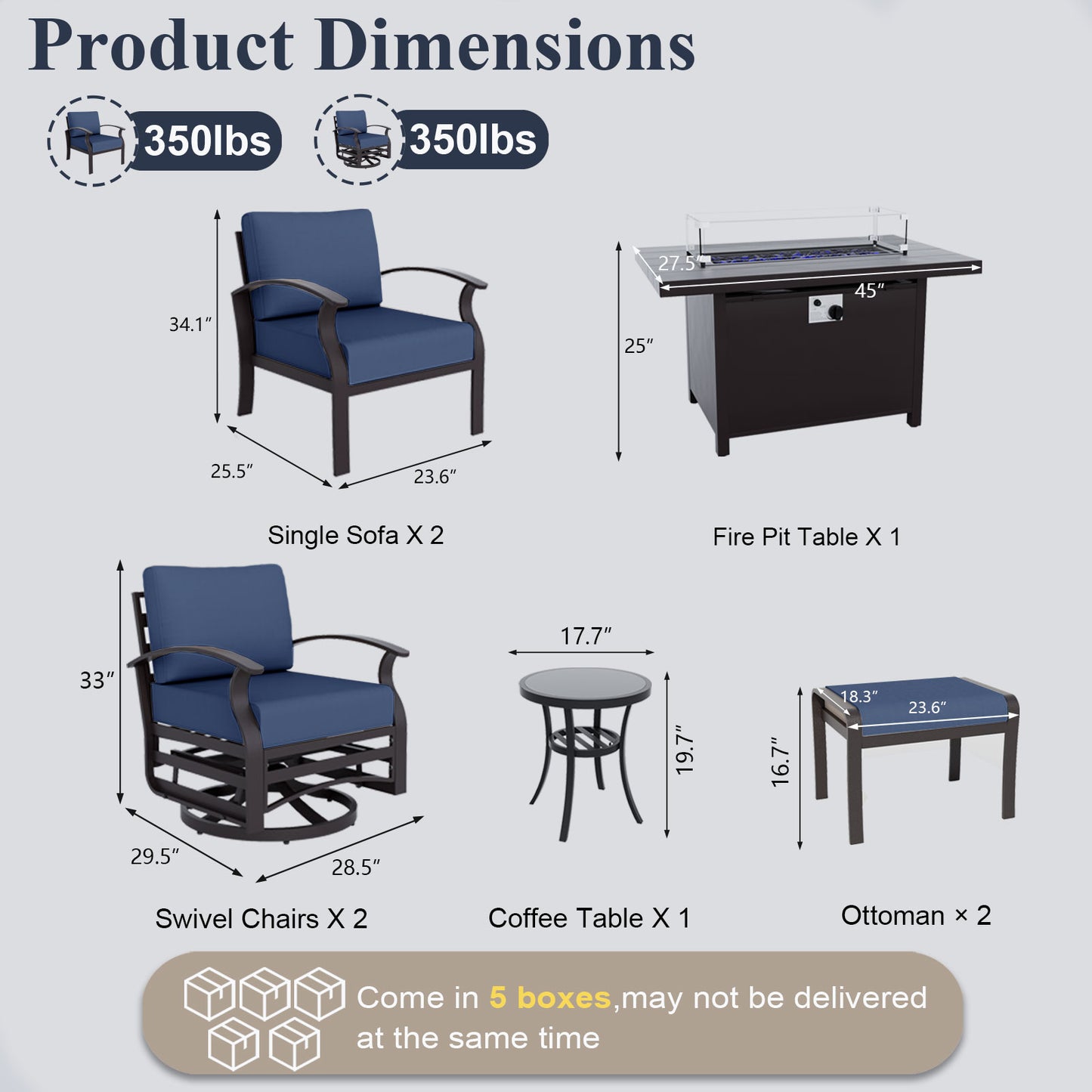 ALAULM 6-Seat Aluminum Patio Furniture Set, Outdoor Patio Conversation Set with Propane Fire Pit Table and 5.1" Cushions for Patio Backyard Poolside, Sand