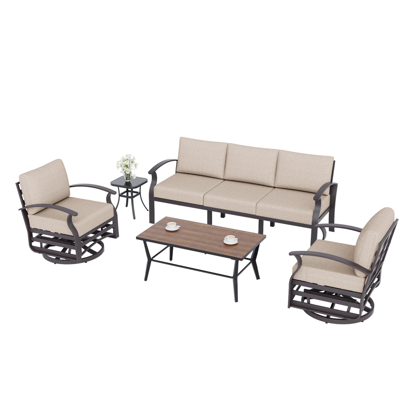 ALAULM Aluminum Patio Furniture Set with Coffee Table Rectangular, 5-seat Outdoor Sectional Furniture w/2 Swivel Chairs, Patio Conversation Set for Porch, Backyard, Poolside