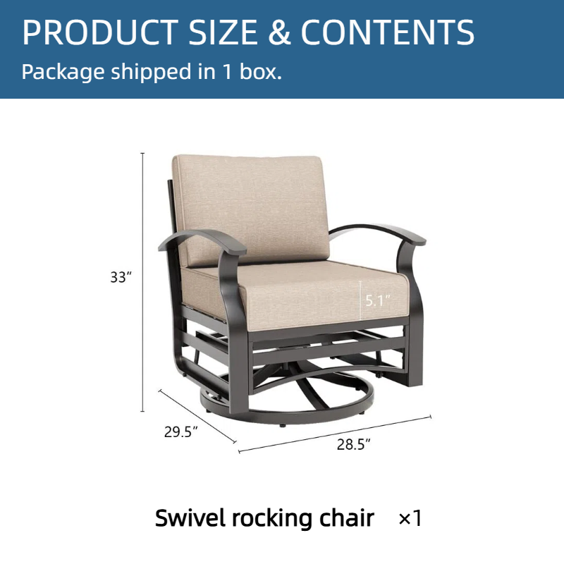 ALAULM Aluminum Outdoor Single Swivel Chair Set with 5.1" High-Resilience Seat Cushions, Removable Cushions for Backyard, Lawn, Porch