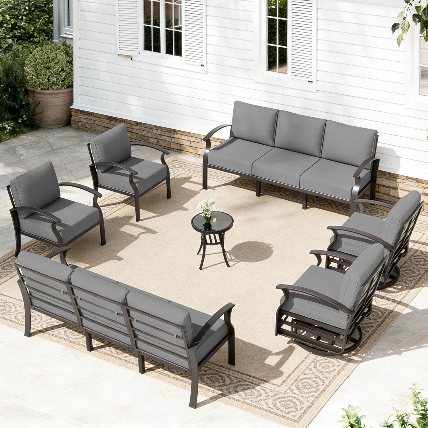 ALAULM 10-Seat Aluminum Patio Furniture Set, Outdoor Patio Conversation Set with 2 Swivel Glider Chairs and 5.1" Cushions for Patio Backyard Poolside