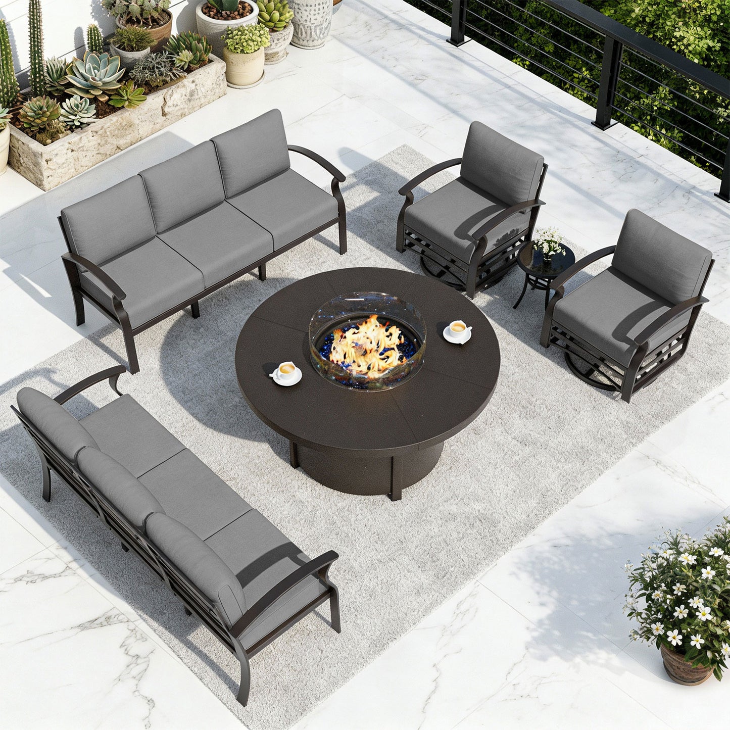 ALAULM Aluminium Patio Furniture Set with Swivel Chairs, 8-Seater Metal Outdoor Furniture Patio Sectional Sofas Patio Conversation Set with 2 swivel chairs For Patio, Backyard, Poolside