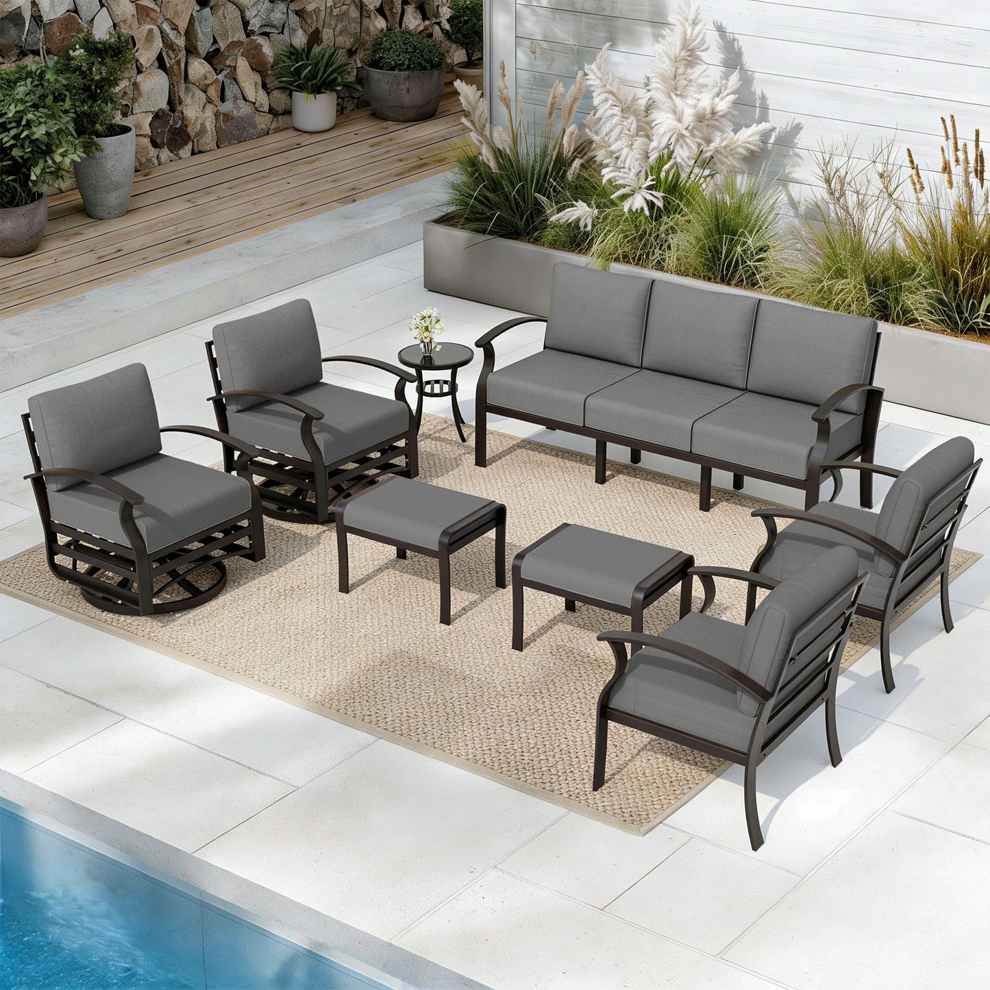 ALAULM 9-Seat Aluminum Patio Furniture Set, Outdoor Patio Conversation Set with Propane Fire Pit Table and 5.1" Cushions for Patio Backyard Poolside