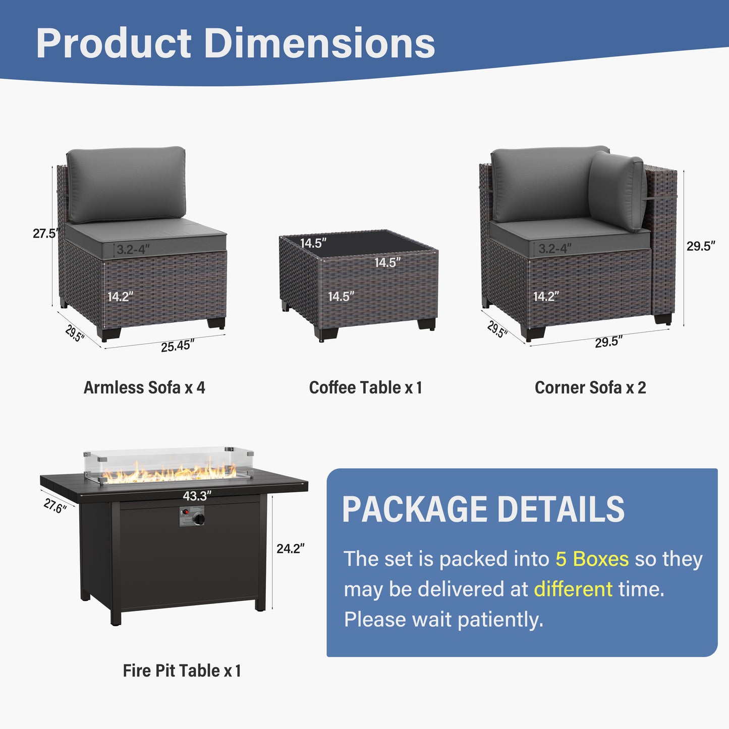 ALAULM 8 Pcs Patio Furniture Set withStainless Steel Gas Fire Pit Table, Brown/Blue