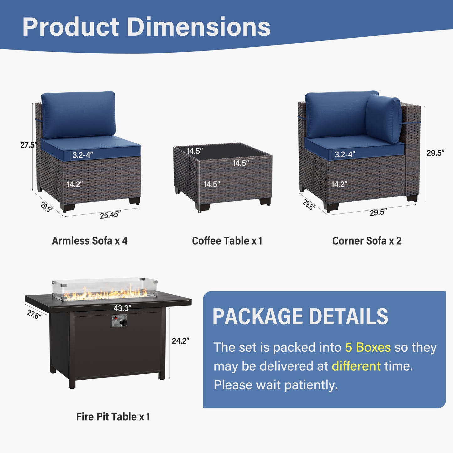 ALAULM 8 Pcs Patio Furniture Set withStainless Steel Gas Fire Pit Table, Brown/Blue