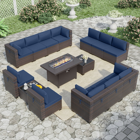 ALAULM 15-Piece Aluminum Weatherproof Outdoor Conversation Sets with Fire Pit Table, Blue/Brown