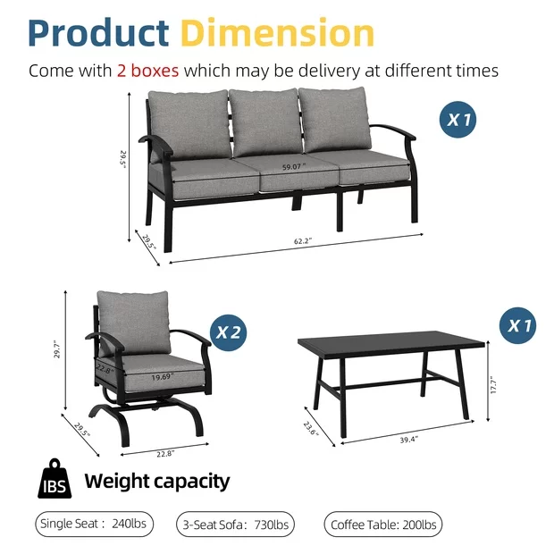 ALAULM 4 Piece Patio Furniture Set,Outdoor Metal Patio Furniture with Coffee Table & Rocking Chairs Conversation Set for Porch,Backyard,Poolside, Garden