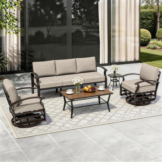 ALAULM Aluminum Patio Furniture Set with Coffee Table Rectangular, 5-seat Outdoor Sectional Furniture w/2 Swivel Chairs, Patio Conversation Set for Porch, Backyard, Poolside