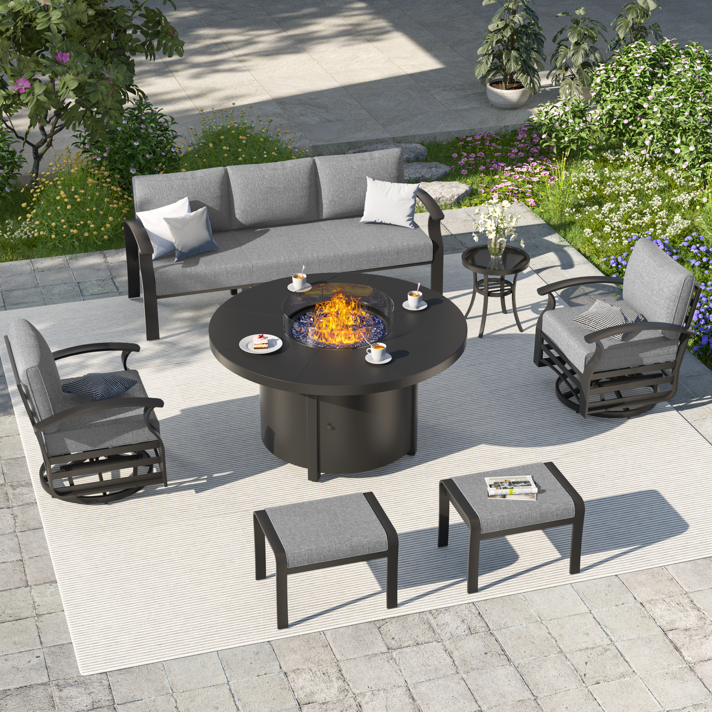 ALAULM Aluminium Patio Furniture Set with Swivel Chairs, 7-Seater Metal Outdoor Furniture Patio Sectional Sofas Patio Conversation Set with 2 Ottomans For Patio, Backyard, Poolside