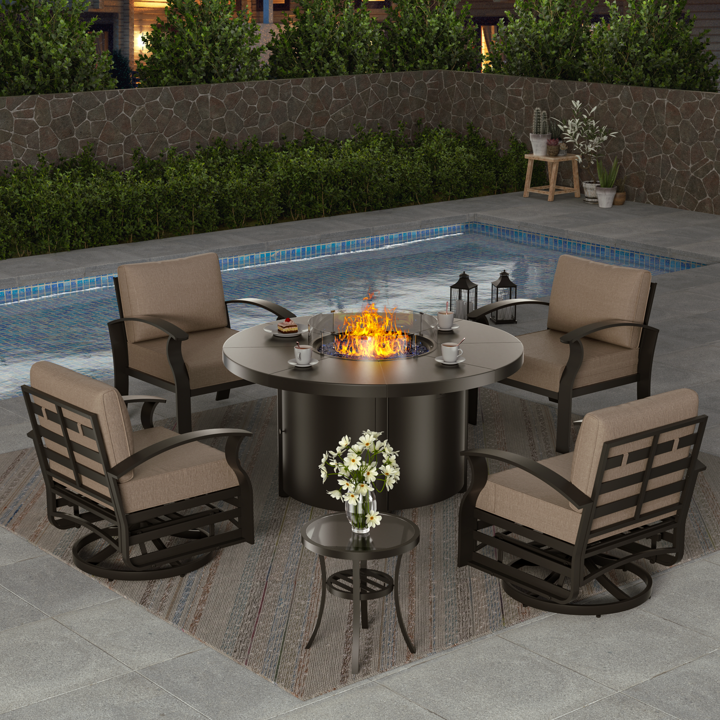 ALAULM 4-Seat Aluminum Patio Furniture Set, Outdoor Patio Conversation Set with Round Fire Pit Table and 5.1" Cushions for Patio Backyard Poolside