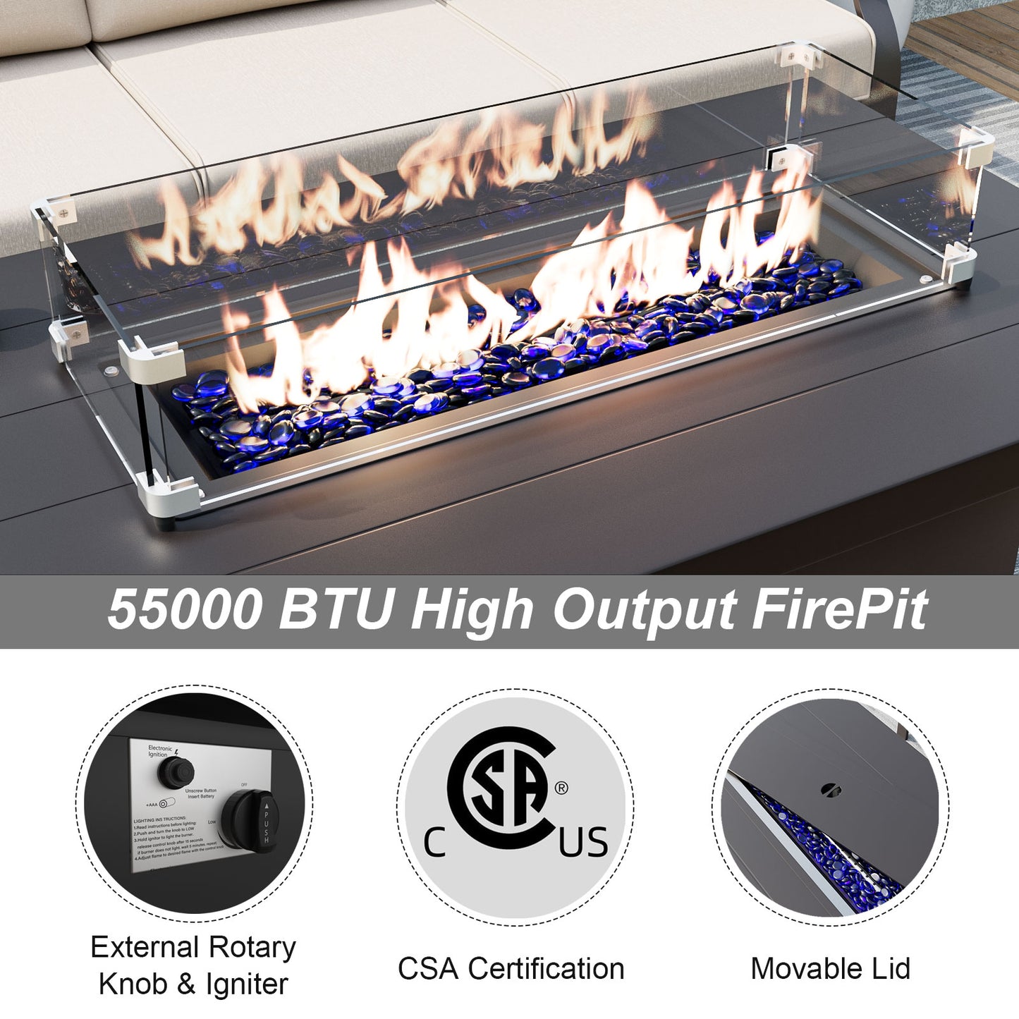 ALAULM Aluminum Patio Furniture Set with Propane Fire Pit Table 8-seat Metal Outdoor Furniture w/Fire Pit