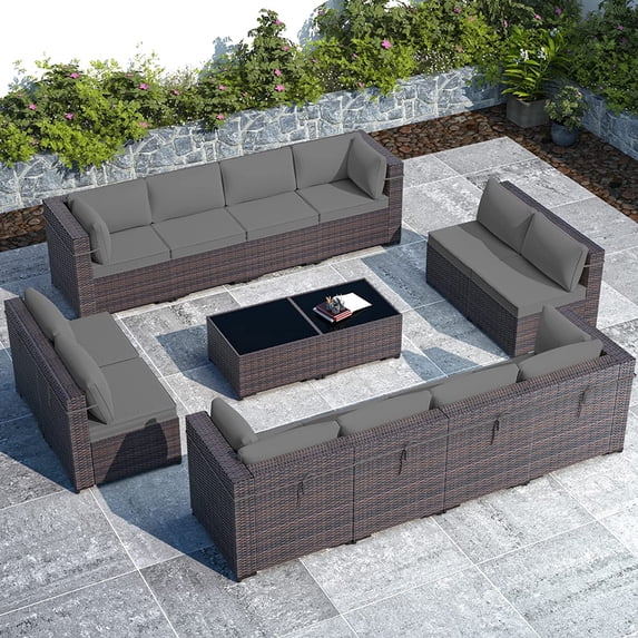 Gotland Outdoor Patio Furniture Set 14 Pieces Sectional Rattan Sofa Set PE Rattan Wicker Patio Conversation Set with Seat Cushions and Tempered Glass Table