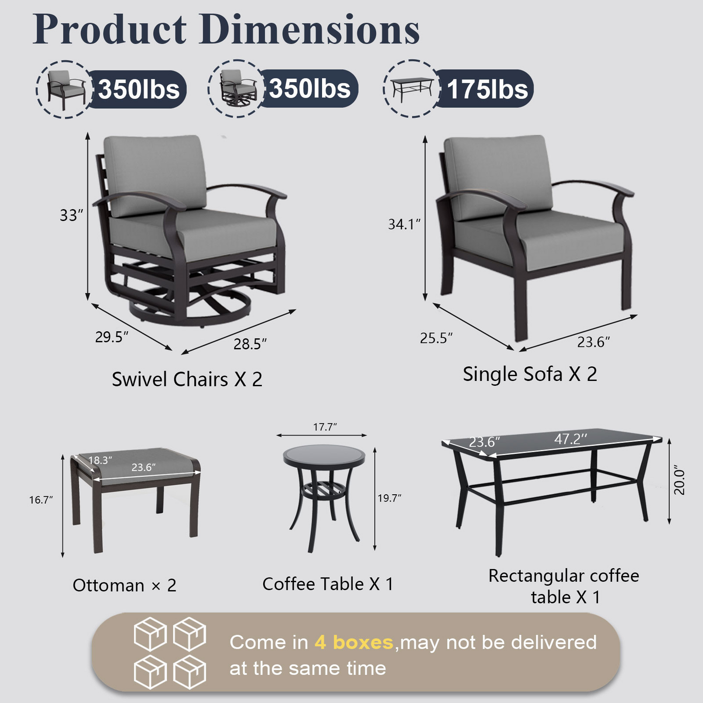 ALAULM 6-Seat Aluminum Patio Furniture Set, Outdoor Patio Conversation Set with Rectangular Metal Coffee Tables and 5.1" Cushions for Patio Backyard Poolside