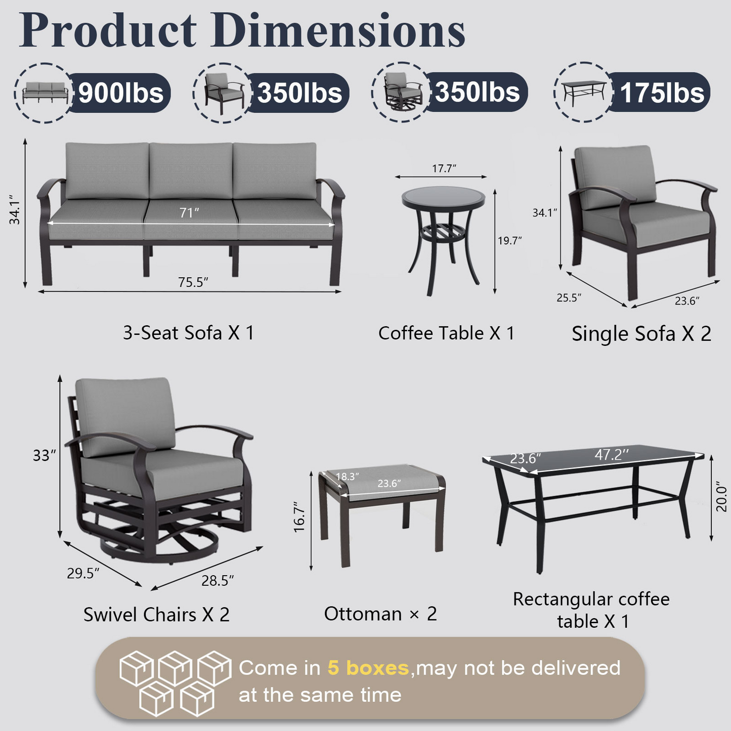 ALAULM 9-Seat Aluminum Patio Furniture Set, Outdoor Patio Conversation Set with Rectangular Metal Coffee Tables and 5.1" Cushions for Patio Backyard Poolside