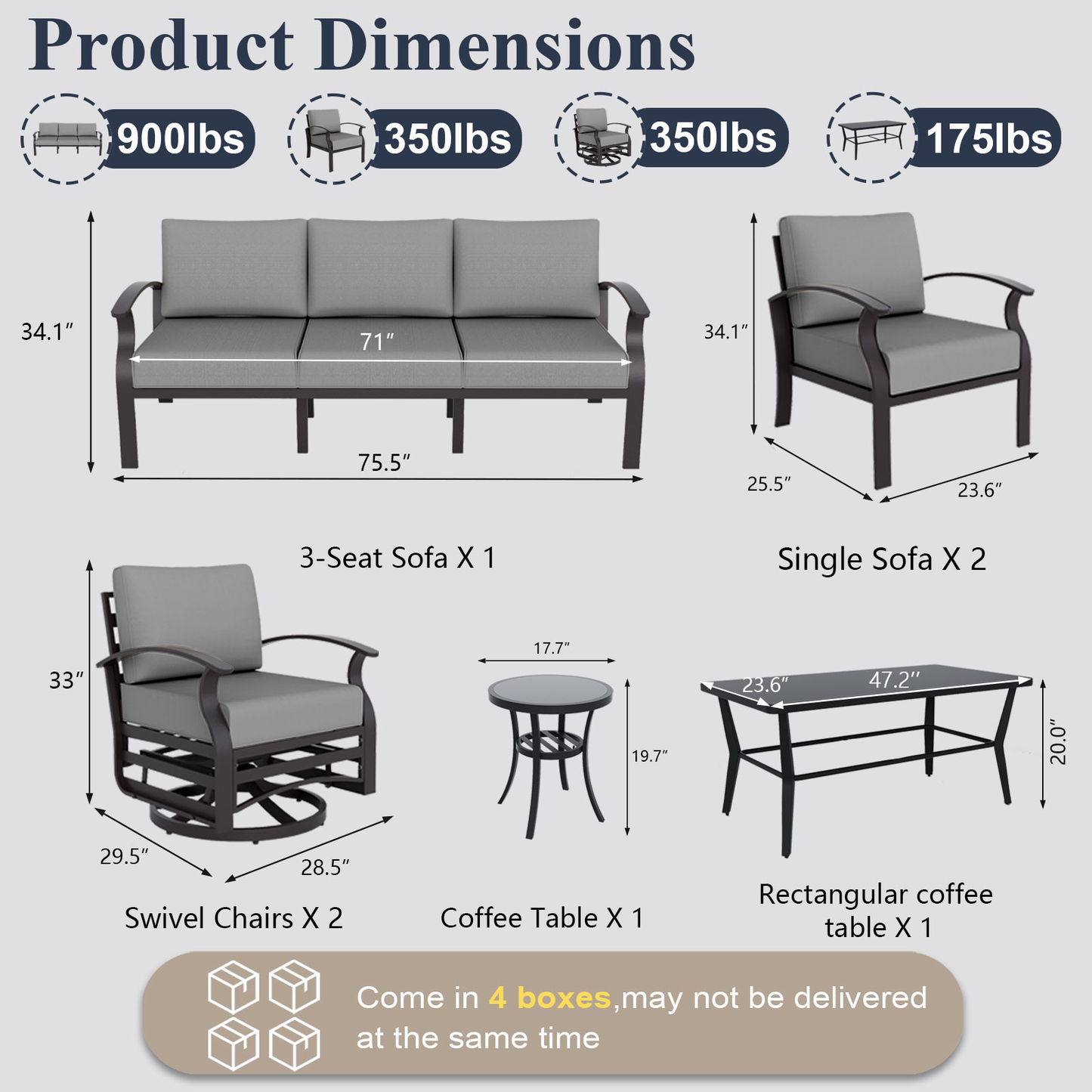ALAULM 7-Seat Aluminum Patio Furniture Set, Outdoor Patio Conversation Set with Rectangular Metal Coffee Tables and 5.1" Cushions for Patio Backyard Poolside