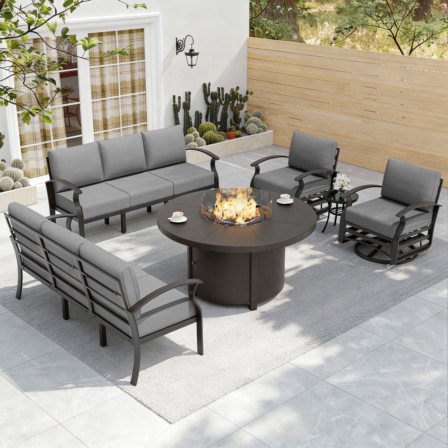 ALAULM Aluminium Patio Furniture Set with Swivel Chairs, 8-Seater Metal Outdoor Furniture Patio Sectional Sofas Patio Conversation Set with 2 swivel chairs For Patio, Backyard, Poolside